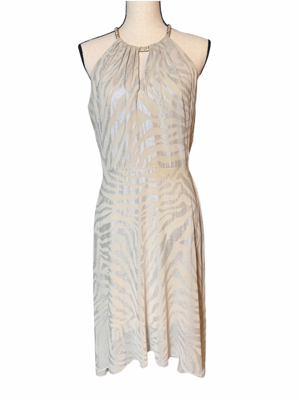 White House Black Market Metallic Halter Dress Zebra Midi Beige Gold Size 6